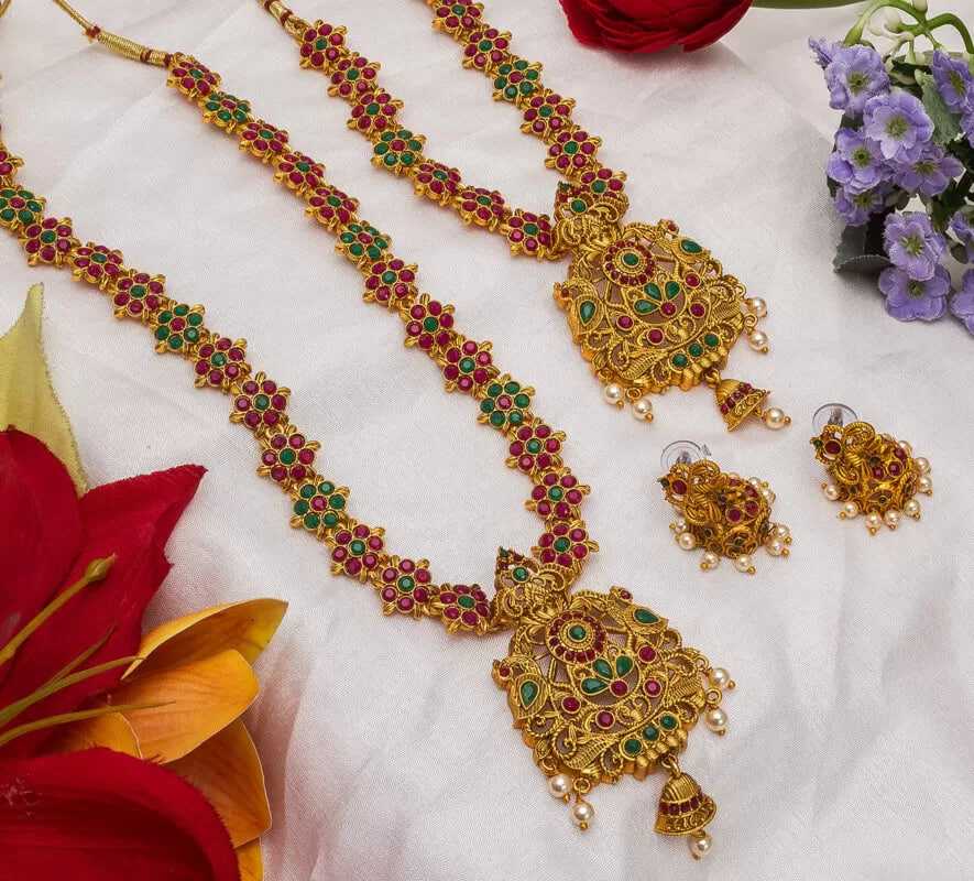 Ynf Brass KESH105 NK2955 Womens Jewellery Wholesale Long Sets Golden Necklace Set Temple Jewelry Manufacturer - Jewellery Export