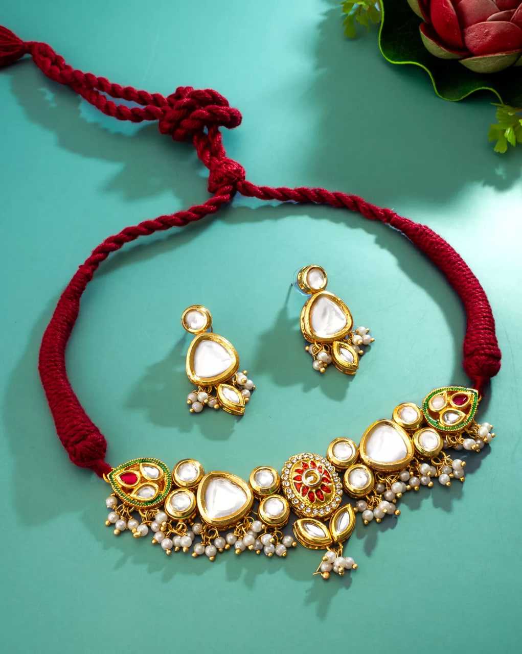 Ynf Brass KESH105 NK4496 Womens Jewellery Wholesale Kundan Pendant Sets Kundan Necklace Set Golden Necklace Set Manufacturer - Jewellery Export